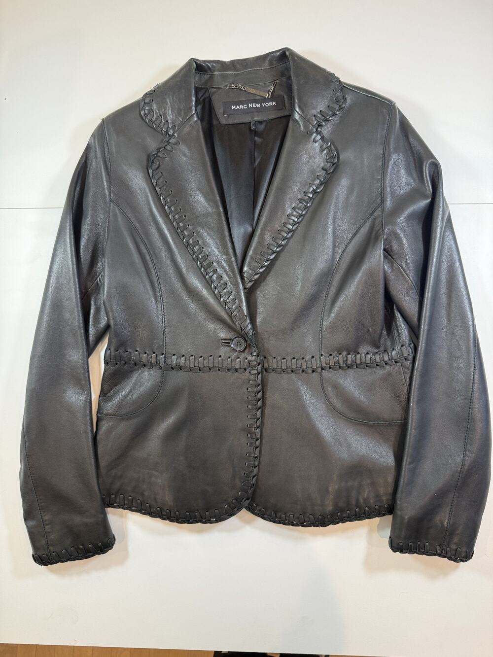Andrew Marc Lamb Leather 1 Button Blazer with whip stitch detail SZ M